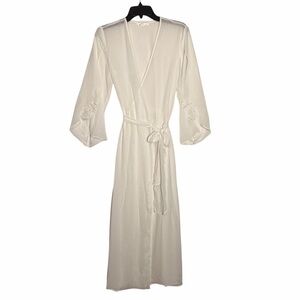 Flora White Sheer Peignoir Robe Attached Self Belt  Flare Embroidered Sleeve S/M